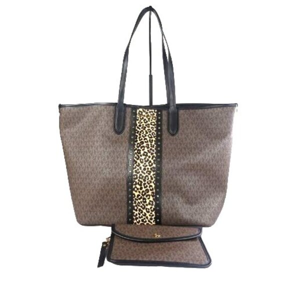 Monogram Michael Kors Eliza Large East West Open Tote Black/ Brown - Picture 2 of 8